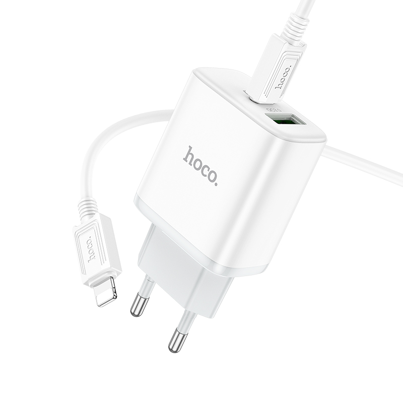 Сетевое зарядное устройство HOCO C105A Stage 1xUSB + 1xUSB-C с Кабелем Type-C - Lightning, 3A, 20W, белый фото