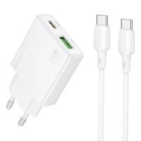 Сетевое зарядное устройство BOROFONE BN24 Wish 1xUSB + 1xUSB-C с Кабелем Type-C - Type-C, 3A, 20W, белый фото