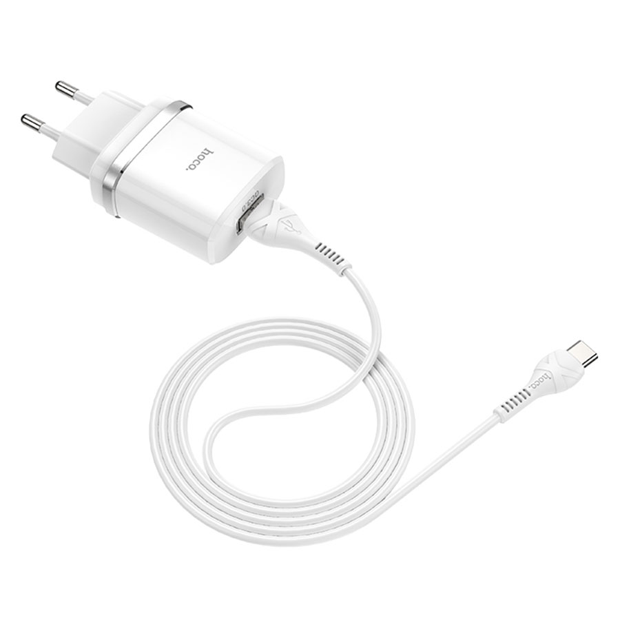Сетевое зарядное устройство HOCO C12Q Smart 1xUSB с Кабелем USB - Type-C, 3A, 18W, белый фото