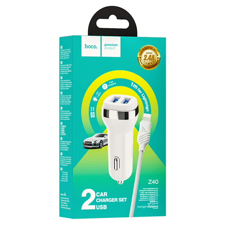 Автомобильное зарядное устройство HOCO Z40 Superior, 2xUSB с Кабелем USB - Lightning, 2.4A, белый фото