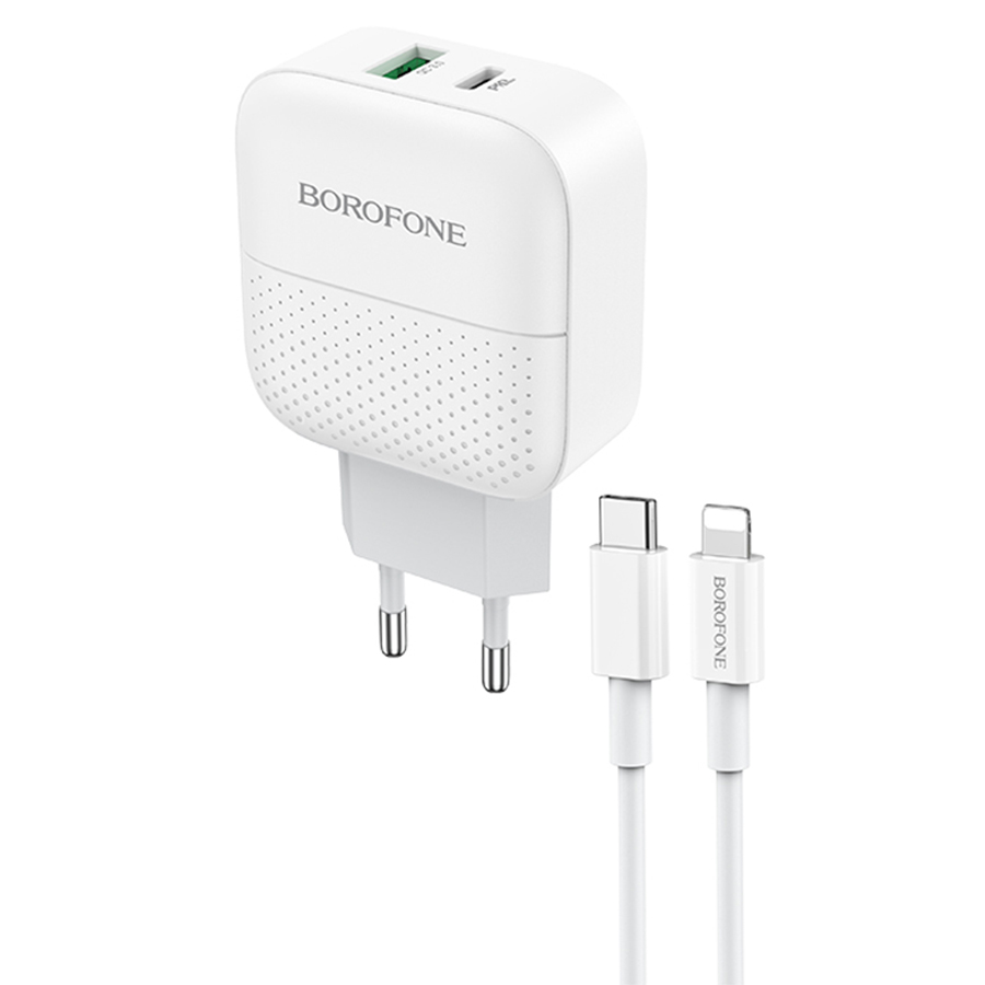 Сетевое зарядное устройство BOROFONE BA46A Premium 1xUSB + 1xUSB-C с Кабелем Type-C - Lightning, 3A, 18W, белый фото