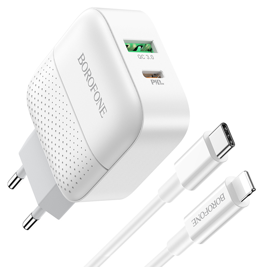 Сетевое зарядное устройство BOROFONE BA46A Premium 1xUSB + 1xUSB-C с Кабелем Type-C - Lightning, 3A, 18W, белый фото