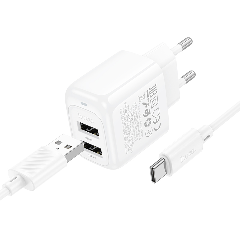 Сетевое зарядное устройство HOCO CS51A Surplus 2xUSB с Кабелем USB - Type-C, 2.4A, белый фото