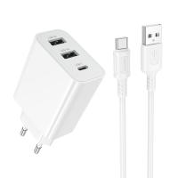Сетевое зарядное устройство BOROFONE BA105A Stellar 2xUSB + 1xUSB-C с Кабелем USB - Type-C, 3A, 15W, белый фото