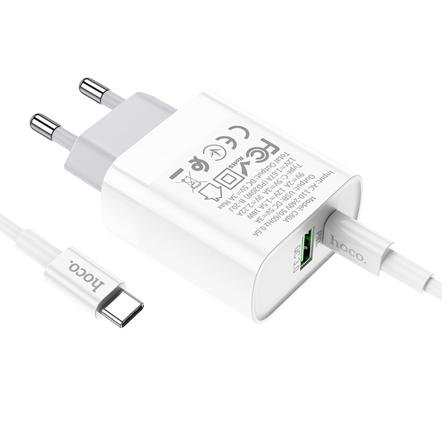 Сетевое зарядное устройство HOCO C80A Rapido 1xUSB + 1xUSB-C с Кабелем Type-C - Type-C, 3.1A, 20W, белый фото