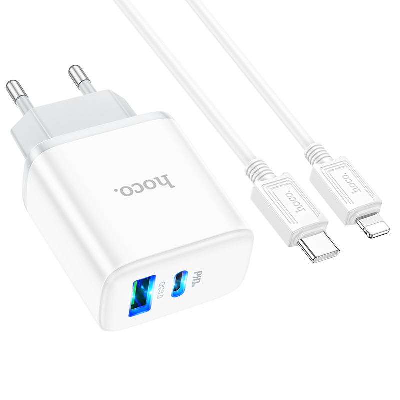 Сетевое зарядное устройство HOCO C105A Stage 1xUSB + 1xUSB-C с Кабелем Type-C - Lightning, 3A, 20W, белый фото