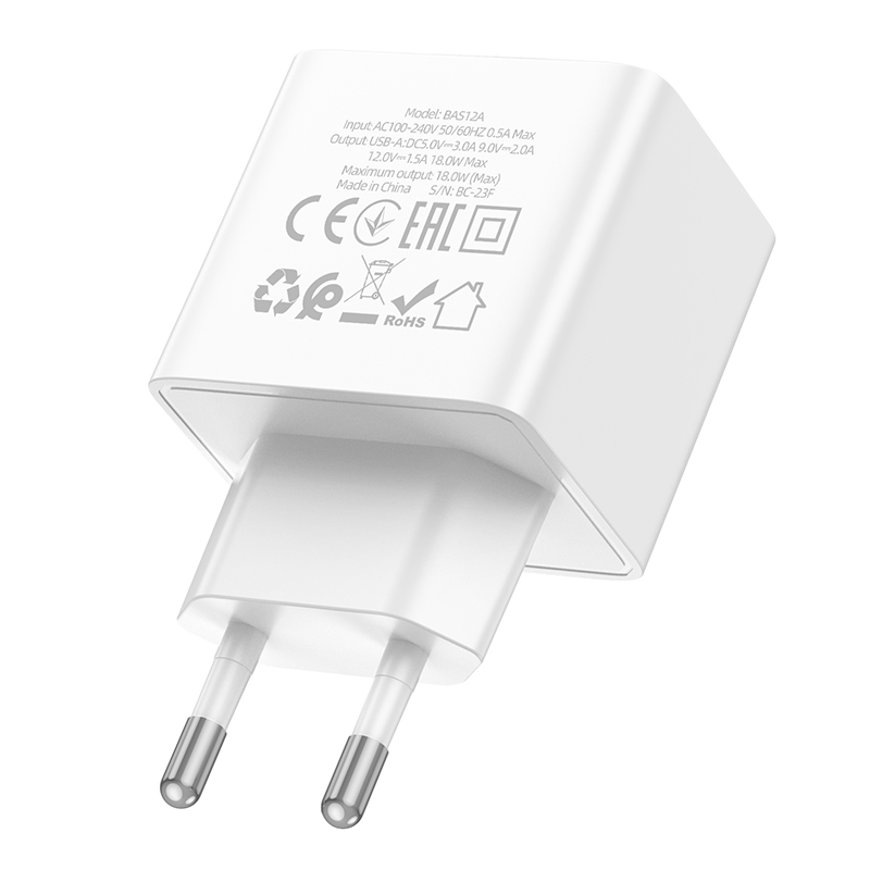 Сетевое зарядное устройство BOROFONE BAS12A Erudite 1xUSB, 18W, белый фото
