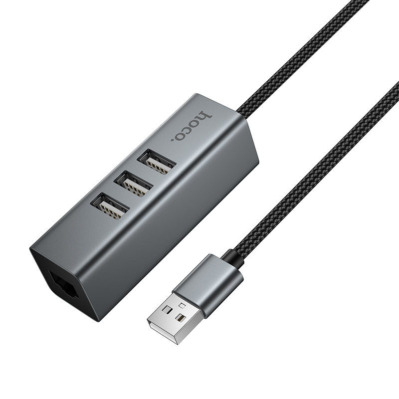 USB HUB разветвитель HOCO HB1D 4 в 1 USB (m) - 3xUSB2.0 (f) + RJ45 (f), 1 м, серый металлик фото