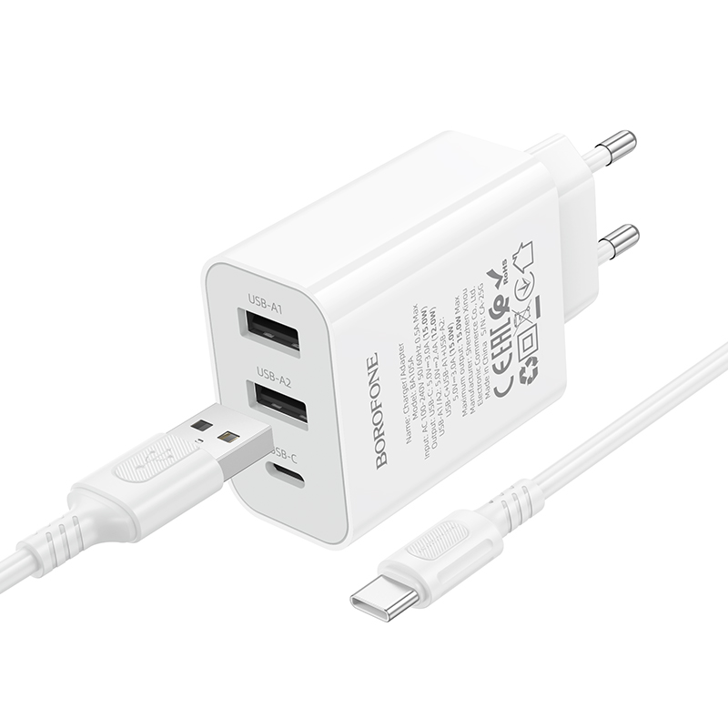 Сетевое зарядное устройство BOROFONE BA105A Stellar 2xUSB + 1xUSB-C с Кабелем USB - Type-C, 3A, 15W, белый фото
