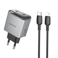 Сетевое зарядное устройство BOROFONE BN21 Lena 2xUSB-C с Кабелем Type-C - Lightning, 40W, серый металлик фото