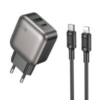 Сетевое зарядное устройство BOROFONE BAS54A Absolute 1xUSB + 1xUSB-C с Кабелем Type-C - Lightning, 3A, 20W, черный фото