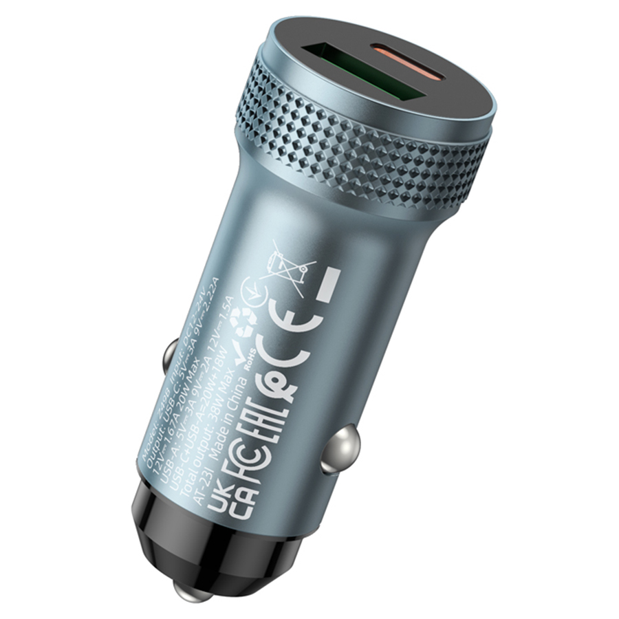 Автомобильное зарядное устройство HOCO Z49B Level, 1xUSB + 1xUSB-C, 38W, серый металлик фото