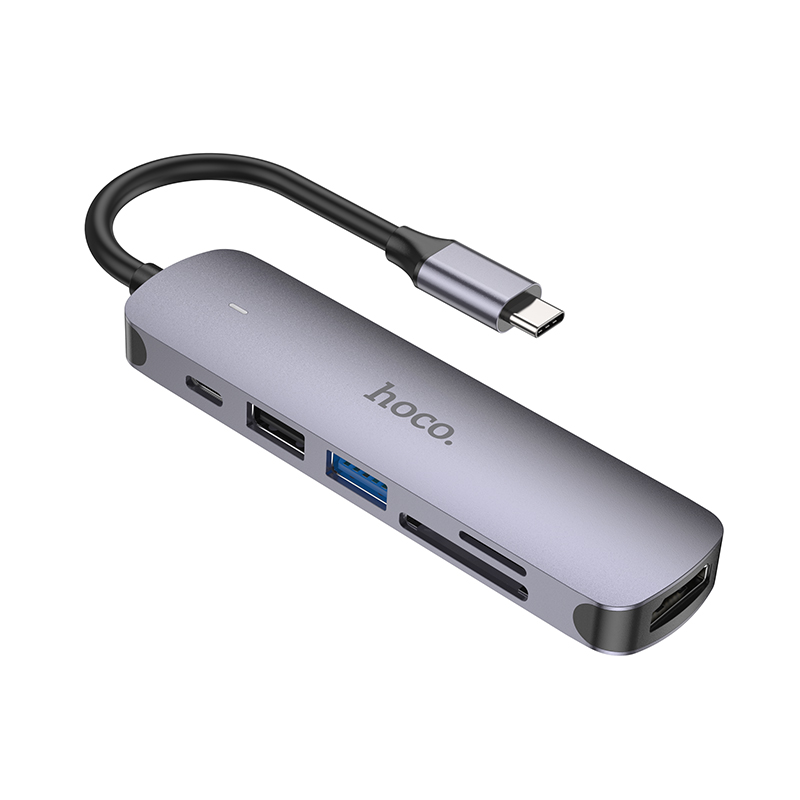 USB HUB разветвитель HOCO HB28 6 в 1 Type-C (m) - USB3.0 + USB2.0 + Type-C PD + HDMI + SD/TF, 14 см, серый металлик фото