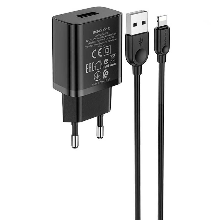 Сетевое зарядное устройство BOROFONE BA52A Gamble 1xUSB с Кабелем USB - Lightning, 2.1A, черный фото