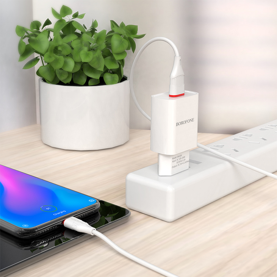 Сетевое зарядное устройство BOROFONE BA20A Sharp 1xUSB с Кабелем USB - Type-C, 2.1A, белый фото