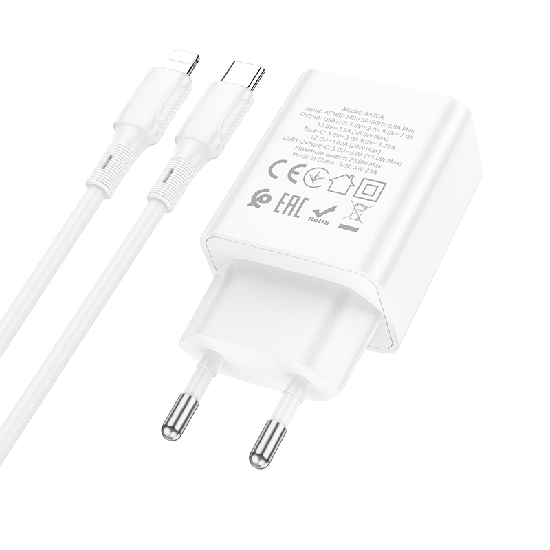 Сетевое зарядное устройство BOROFONE BA70A Quick 2xUSB + 1xUSB-C с Кабелем Type-C - Lightning, 3A, 20W, белый фото