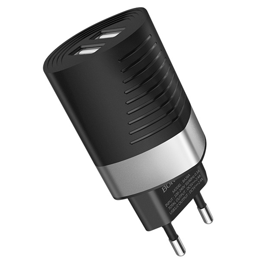 Сетевое зарядное устройство BOROFONE BA26A Mighty 2xUSB, 2.4A, черный фото