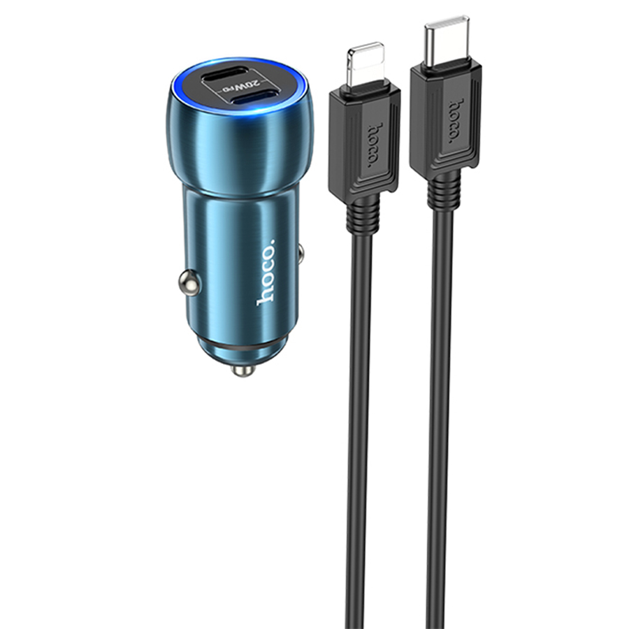 Автомобильное зарядное устройство HOCO Z48 Tough, 2xUSB-C с Кабелем Type-C - Lightning, 40W, синий фото