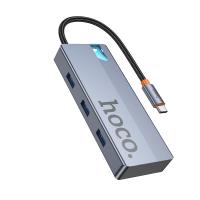 Переходник/Адаптер HOCO HB50 Wow 5 в 1 Type-C (m) - 3xUSB3.0 + Type-C PD + HDMI, 19 см, серый металлик фото