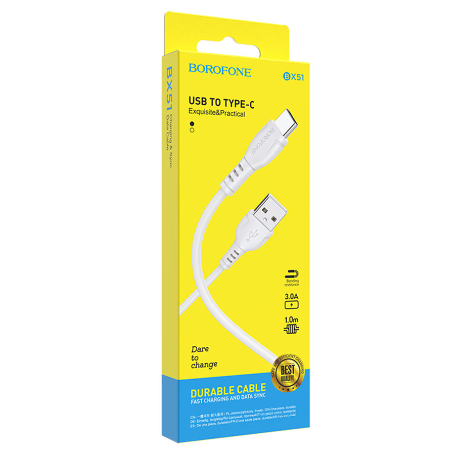 Кабель USB BOROFONE BX51 Triumph USB - Type-C, 3A, 1 м, белый оптом недорого с доставкой Кабель USB BOROFONE BX51 Triumph USB - Type-C, 3A, 1 м, белый фото