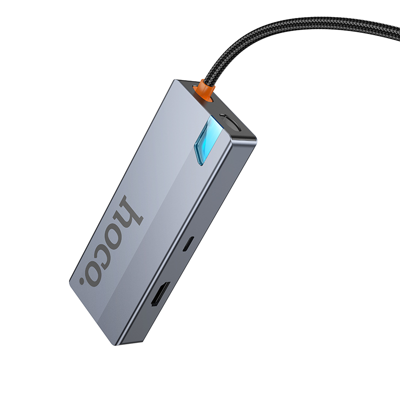 Переходник/Адаптер HOCO HB50 Wow 5 в 1 Type-C (m) - 3xUSB3.0 + Type-C PD + HDMI, 19 см, серый металлик фото