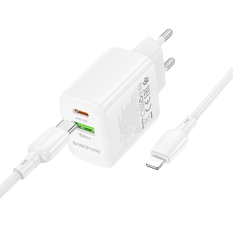 Сетевое зарядное устройство BOROFONE BN27 Fuente 1xUSB + 1xUSB-C с Кабелем Type-C - Lightning, 3A, 20W, белый фото