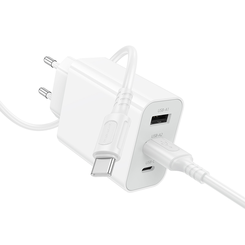 Сетевое зарядное устройство BOROFONE BA105A Stellar 2xUSB + 1xUSB-C с Кабелем USB - Type-C, 3A, 15W, белый фото