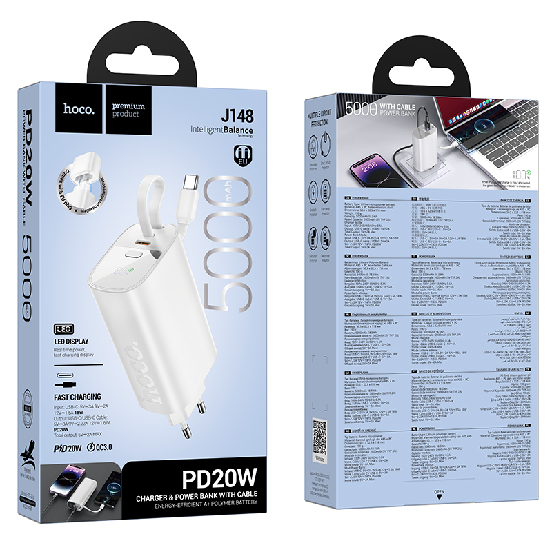 Портативный аккумулятор HOCO J148 Handy, встроенный кабель Type-C, 20W, 5000 мА⋅ч, белый фото