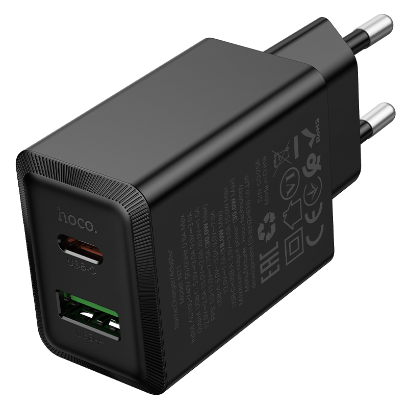 Сетевое зарядное устройство HOCO N71 Nuevo 1xUSB + 1xUSB-C, 3A, 30W, черный фото