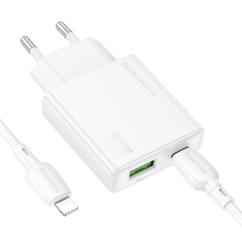 Сетевое зарядное устройство BOROFONE BN25 Wish 1xUSB + 1xUSB-C с Кабелем Type-C - Lightning, 3A, 30W, белый фото