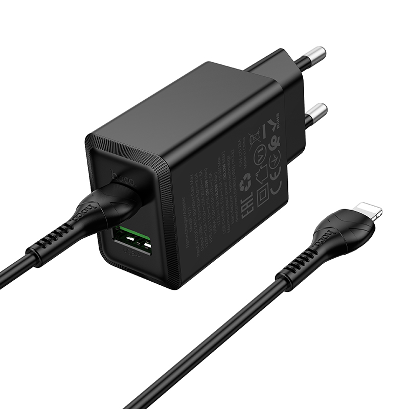 Сетевое зарядное устройство HOCO N71 Nuevo 1xUSB + 1xUSB-C с Кабелем Type-C - Lightning, 3A, 30W, черный фото