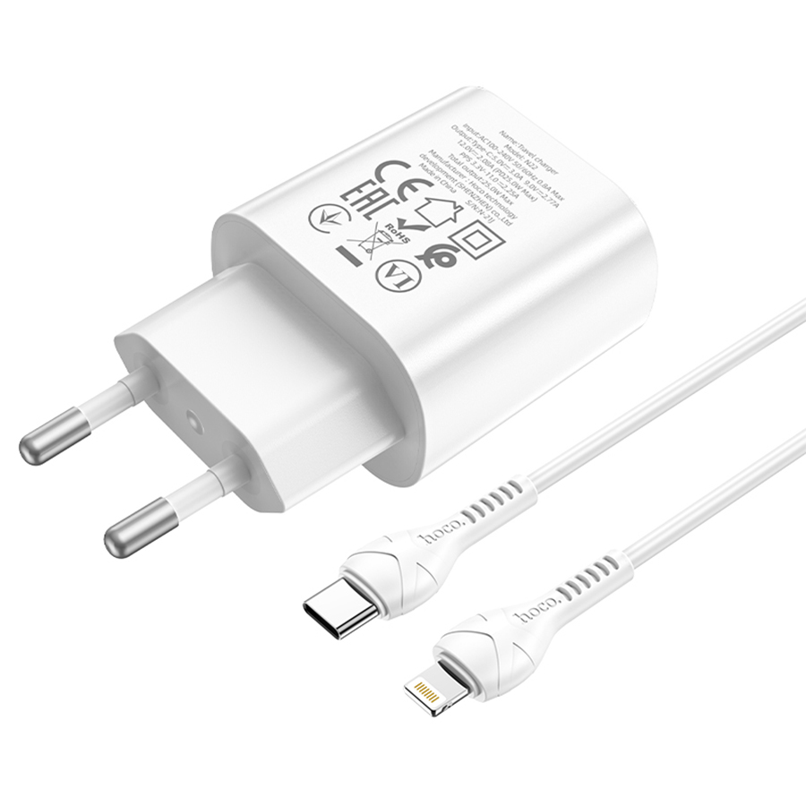 Сетевое зарядное устройство HOCO N22 Jetta 1xUSB-C с Кабелем Type-C - Lightning, 25W, белый фото