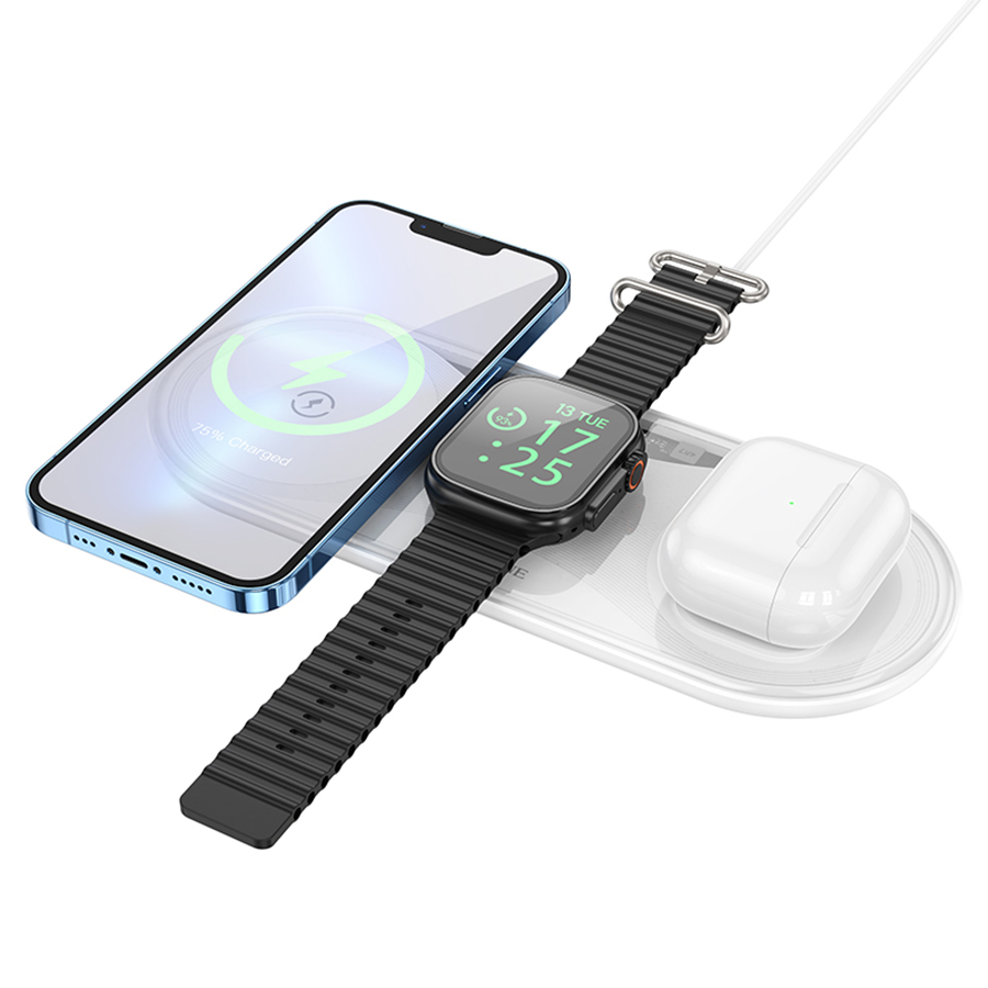 Беспроводное зарядное устройство BOROFONE BQ19 Powerful 3-in-1 для iPhone+Airpods+Apple Watch, 3A, 5W/7.5W/10W/15W, белый фото