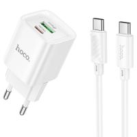 Сетевое зарядное устройство HOCO C147A Charm 1xUSB + 1xUSB-C с Кабелем Type-C - Type-C, 3A, 20W, белый фото