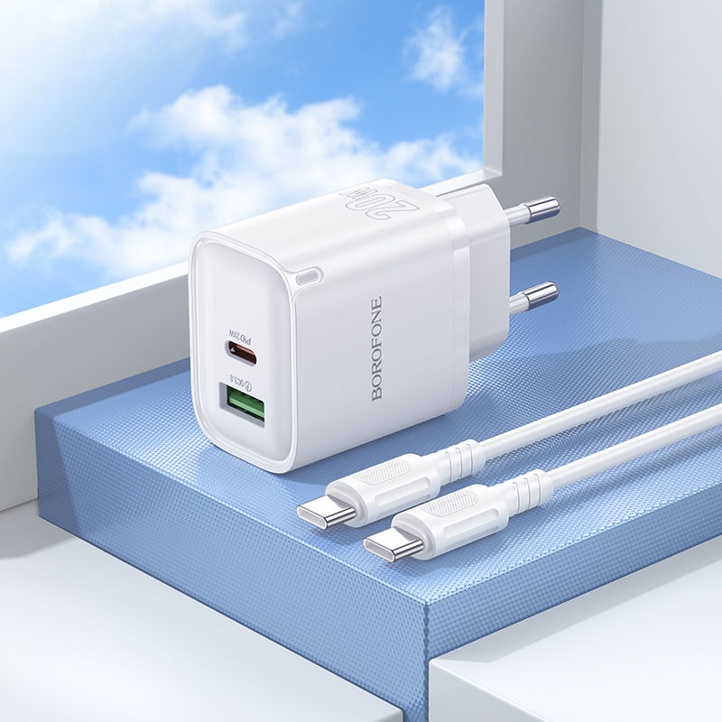 Сетевое зарядное устройство BOROFONE BA83A Flare star 1xUSB + 1xUSB-C с Кабелем Type-C - Type-C, 3A, 20W, белый фото