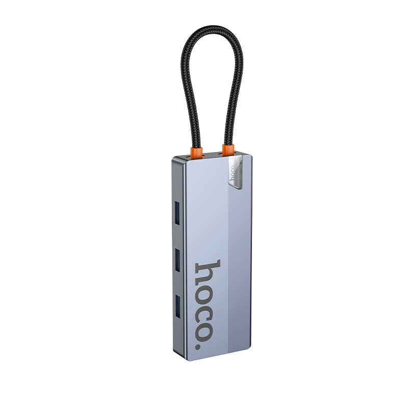 Переходник/Адаптер HOCO HB51 Wow 6 в 1 Type-C (m) - 3xUSB3.0 + Type-C PD + HDMI + RJ45, 19 см, серый металлик фото