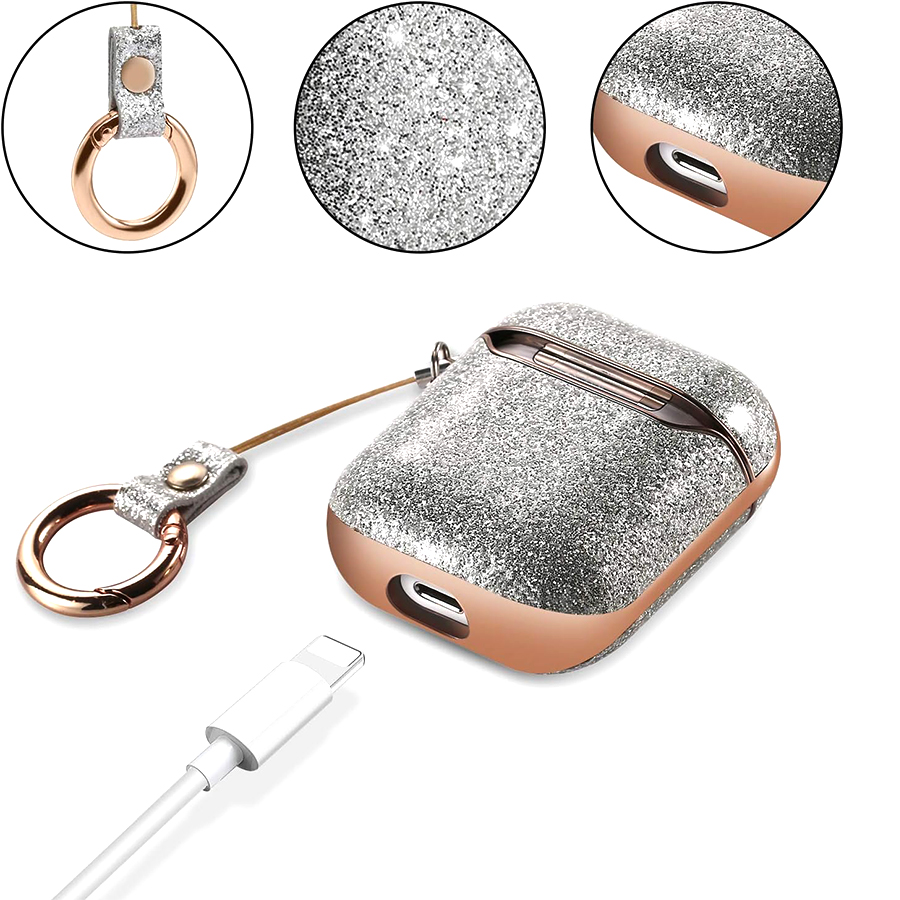 Чехол пластиковый Kingxbar со шнурком для Airpods 2, серебристые стразы (35) фото