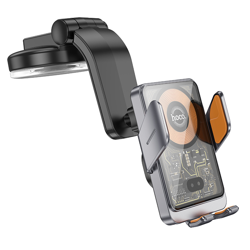 Автомобильный держатель HOCO HW8 Transparent, зажимной с беспроводной зарядкой, 15W, на приборную панель, серый металлик фото