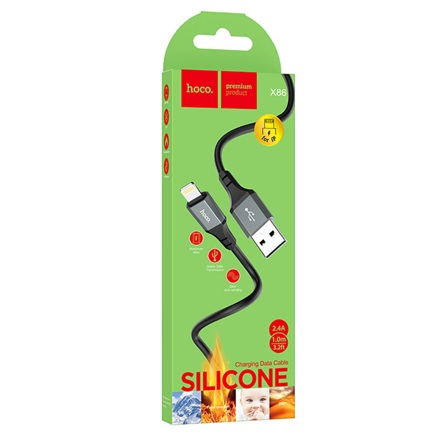 Кабель USB HOCO X86 Spear silicone USB - Lightning, 2.4А, 1 м, черный фото