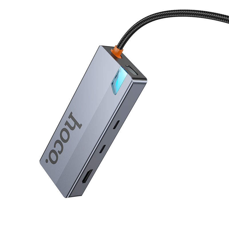 Переходник/Адаптер HOCO HB52 Wow 8 в 1 Type-C (m) - 2xUSB3.0 + Type-C PD + USB-C + HDMI + SD/TF + RJ45, 19 см, серый металлик фото
