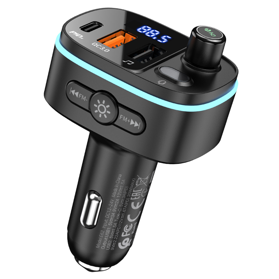 Автомобильное зарядное устройство с FM-Трансмиттер HOCO E62 Fast, 2xUSB + 1xUSB-C, 18W, черный фото