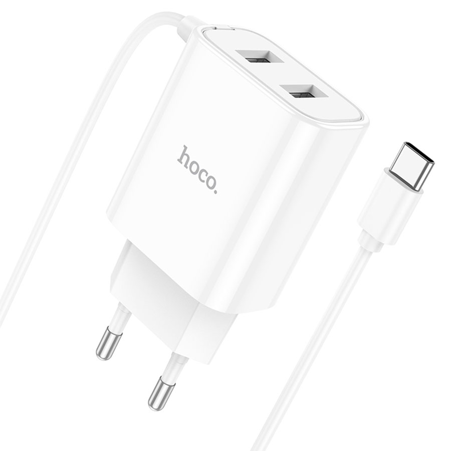 Сетевое зарядное устройство HOCO C103A Courser 2xUSB с Кабелем Type-C, 2.1A, 10W, белый фото