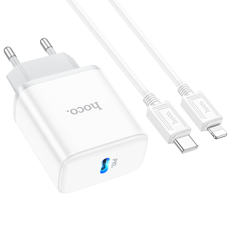 Сетевое зарядное устройство HOCO C104A Stage 1xUSB-C с Кабелем Type-C - Lightning, 20W, белый фото