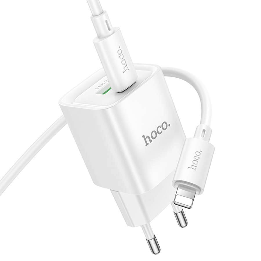 Сетевое зарядное устройство HOCO C147A Charm 1xUSB + 1xUSB-C с Кабелем Type-C - Lightning, 3A, 20W, белый фото