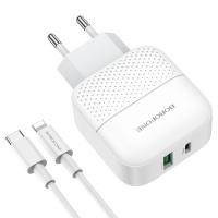 Сетевое зарядное устройство BOROFONE BA46A Premium 1xUSB + 1xUSB-C с Кабелем Type-C - Lightning, 3A, 18W, белый фото