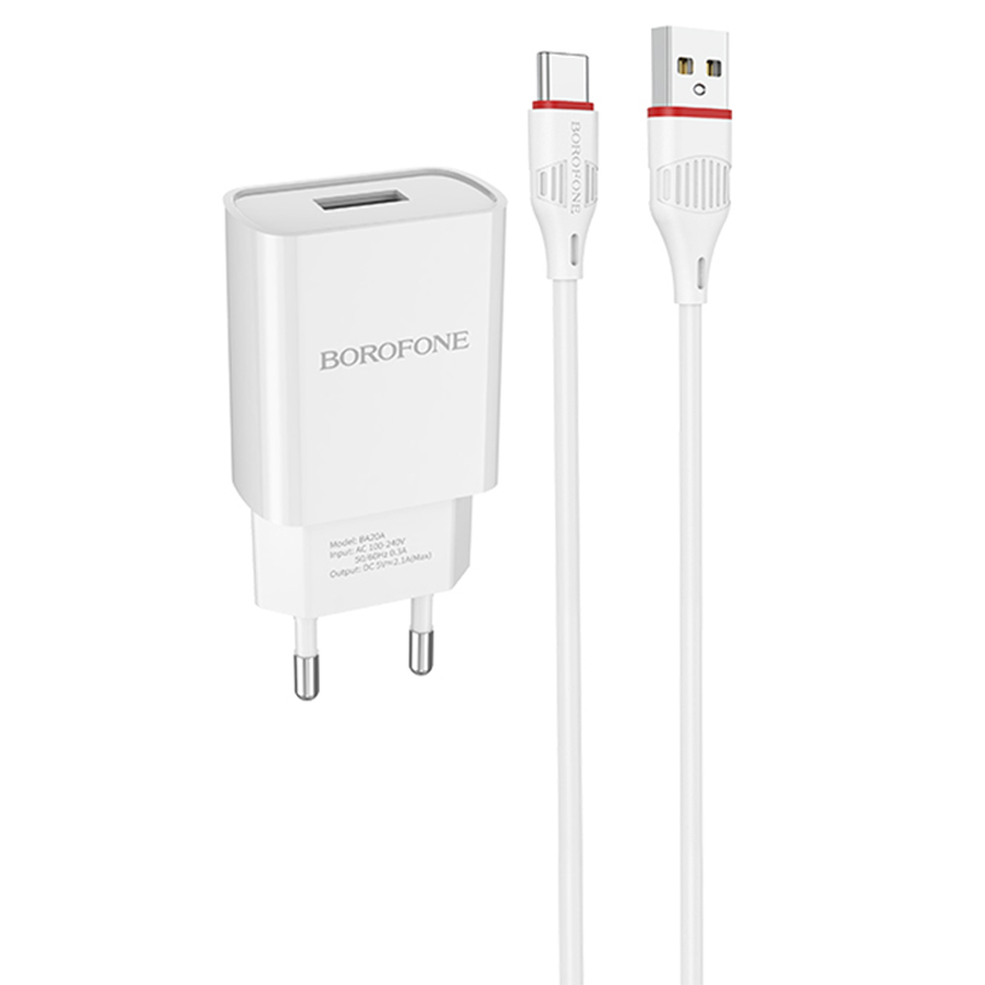 Сетевое зарядное устройство BOROFONE BA20A Sharp 1xUSB с Кабелем USB - Type-C, 2.1A, белый фото