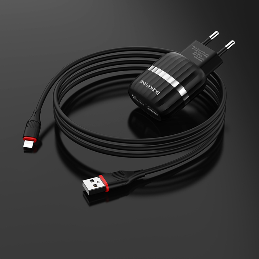Сетевое зарядное устройство BOROFONE BA24A Vigour 2xUSB с Кабелем USB - Lightning, 2.4A, черный фото