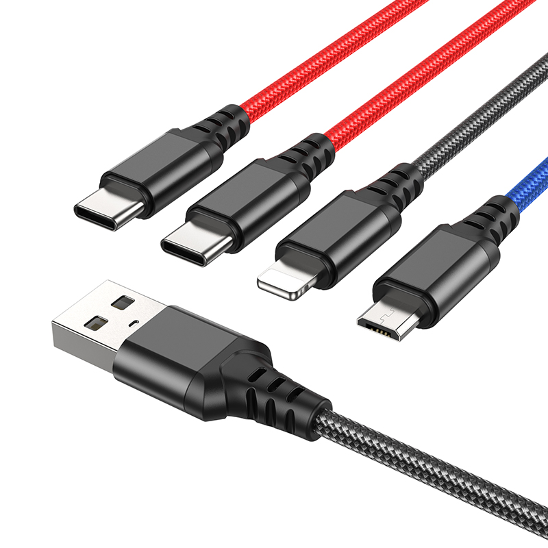 Кабель USB HOCO X76 4 в 1 USB - 2xType-C + MicroUSB + Lightning, 2А, 1 м, черный+красный+синий фото