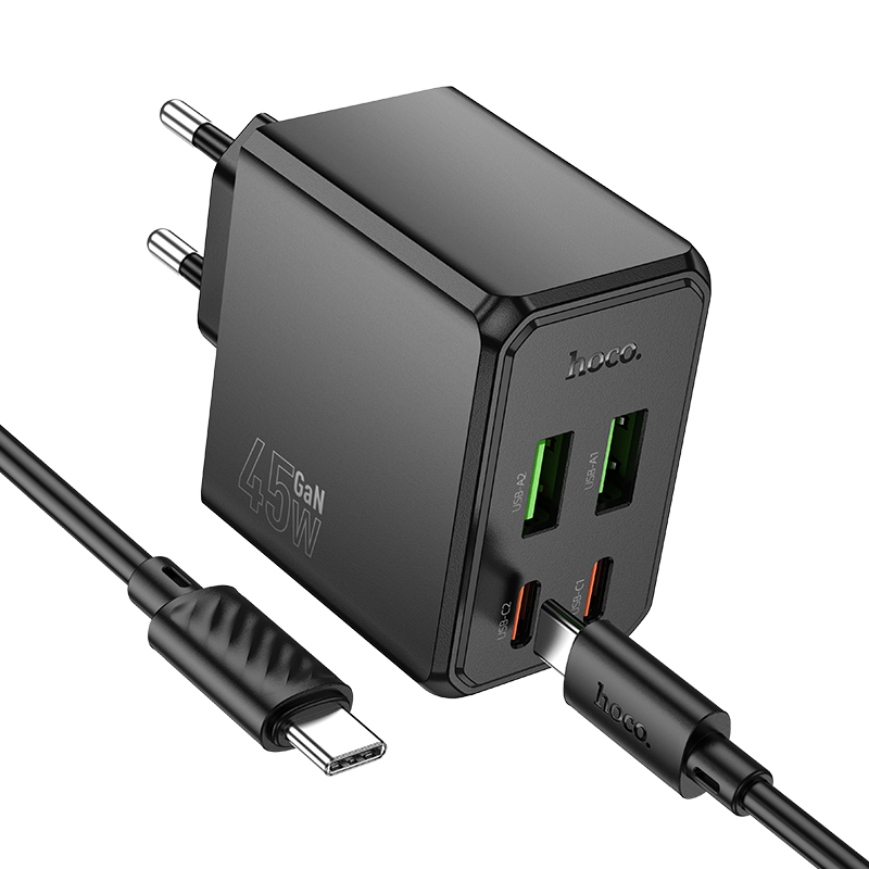 Сетевое зарядное устройство HOCO CS18A Ocean 2xUSB + 2xUSB-C с Кабелем Type-C - Type-C, 3A, 45W, черный фото