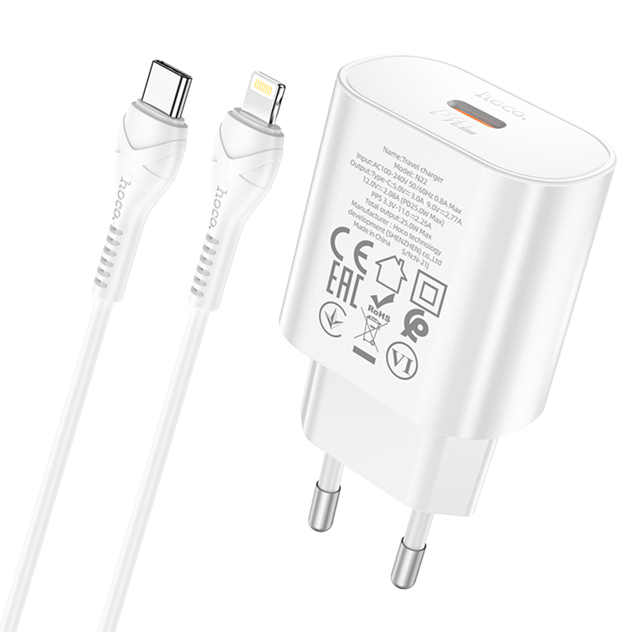 Сетевое зарядное устройство HOCO N22 Jetta 1xUSB-C с Кабелем Type-C - Lightning, 25W, белый фото